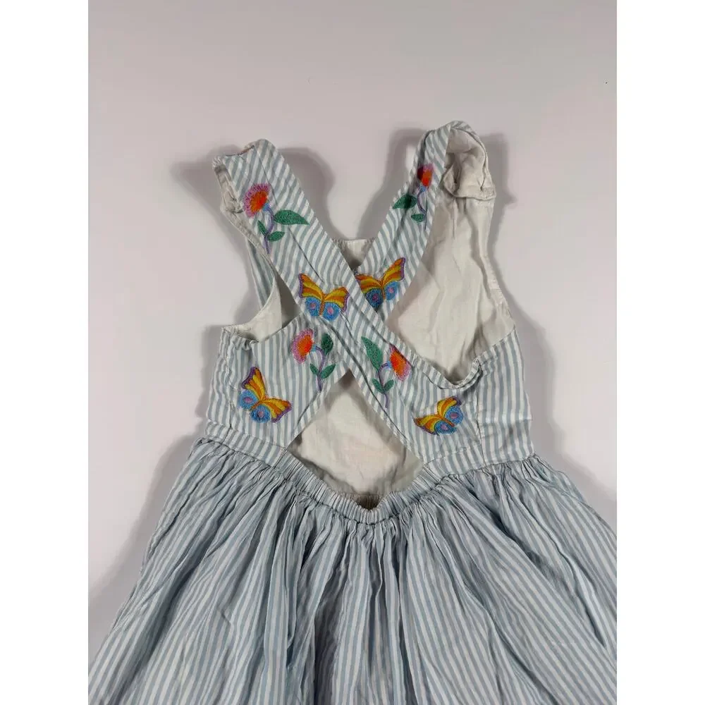 Mini Boden Embroidered Cross-Back Dress Blue Stripe Butterfly Floral 6-7 Years